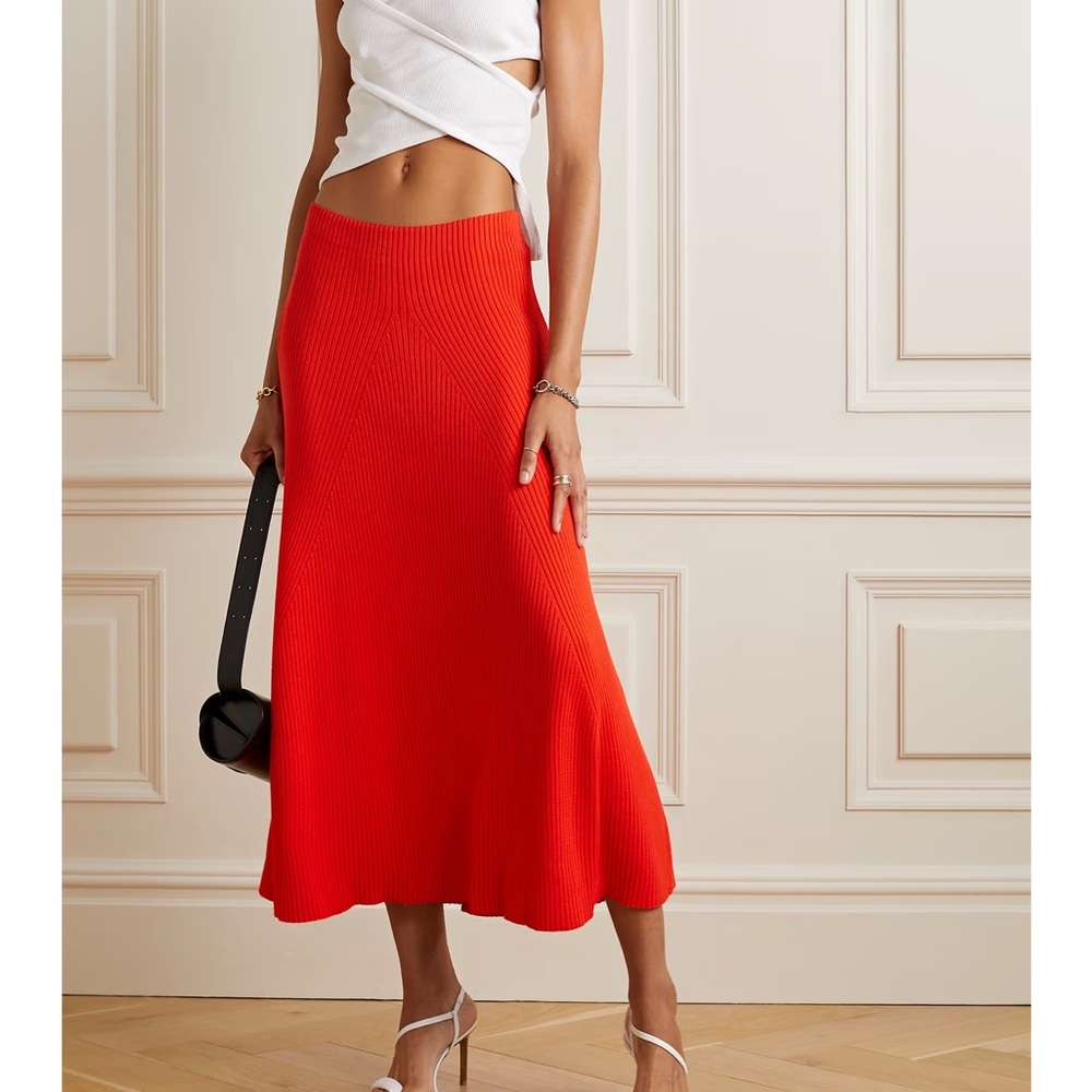 A.W.A.K.E. MODE - Red Ribbed Midi knit skirt